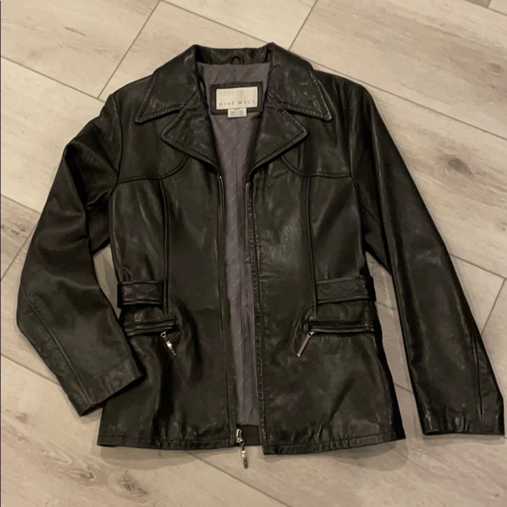 Nine West jacket black real leather medium EUC